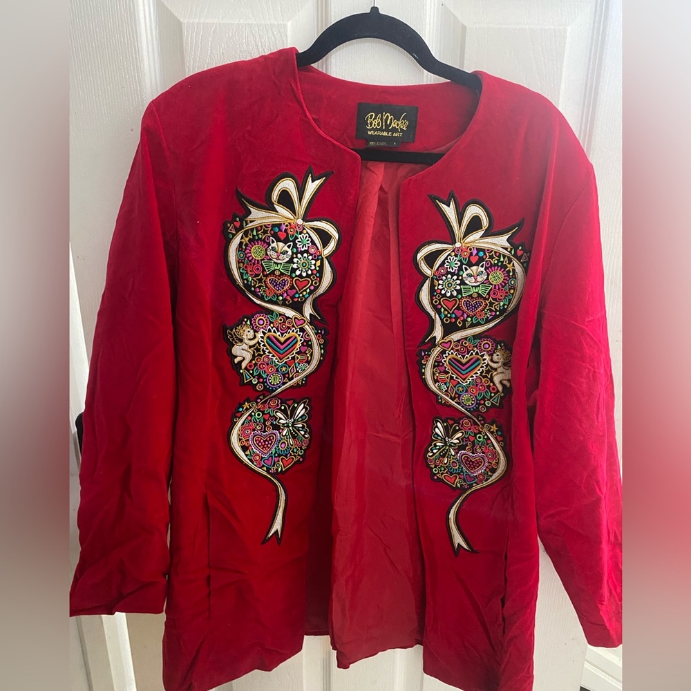 Bob Mackie Red Velvet Cat Funky Art Jacket Sz L- Maximalist AF